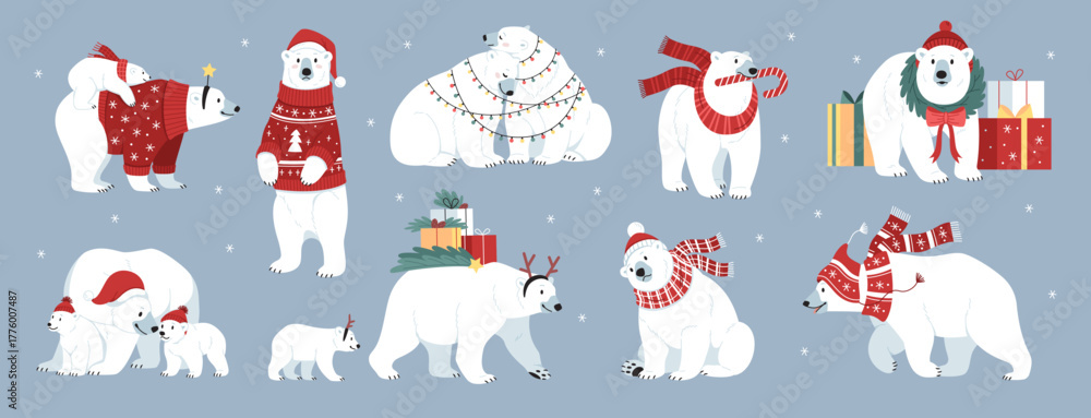 Naklejka premium Cute polar bear characters. Funny big arctic animals with winter clothes, merry christmas wears, happy mom and baby in hats, cartoon flat style isolated xmas celebration tidy vector set