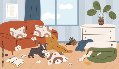 Dog in interior. Cute french bulldog makes mess at home, naughty pet, bad parenting, puppy tears up pillows, domestic animal disorder and behavior problem, garish vector cartoon flat concept