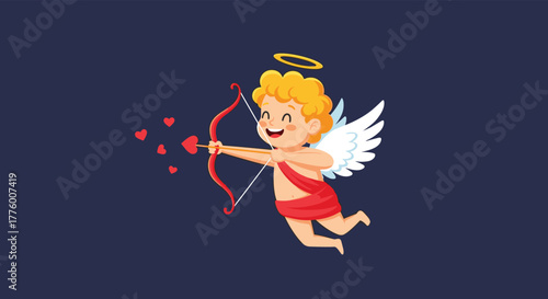 A cute cartoon cupid with blond curly hair and wings aims his bow and arrow, shooting hearts.