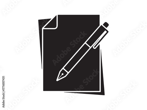 A minimalist graphic of a pen resting on two stacked sheets of paper in black and white color. Symbol, logo illustration. Pixel perfect graphics