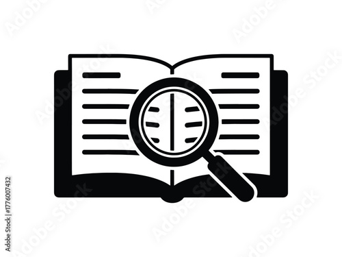 A black and white illustration of an open book with a magnifying glass. Find Lesson Vector Icon. use for website mobile app presentation
