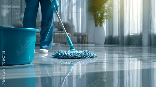 Professional cleaning service worker meticulously mopping a glossy floor in a bright, modern interior with sunlight from the windows