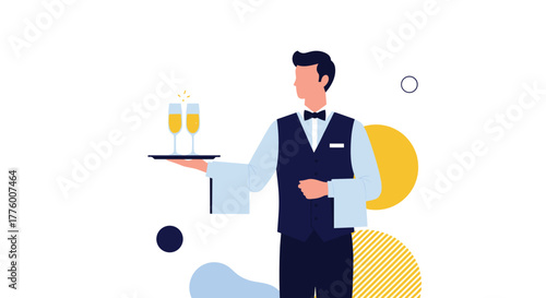 A waiter in a uniform serves two champagne glasses on a tray.