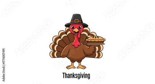 Cartoon turkey wearing a pilgrim hat holds a pie for Thanksgiving celebration.