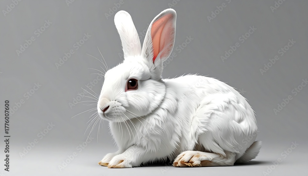 Obraz premium A fluffy white rabbit lies still on a gray background, showcasing its soft fur and pink ears