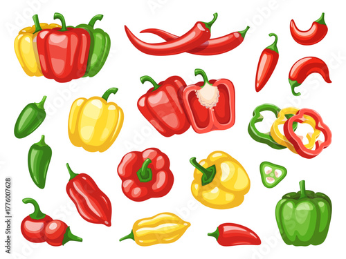 Cartoon hot and bell pepper. Different varieties, red, green, yellow vegetables, spicy whole paprika, halves with seeds, jalapeno and chili slices. Kitchen classy vector isolated set