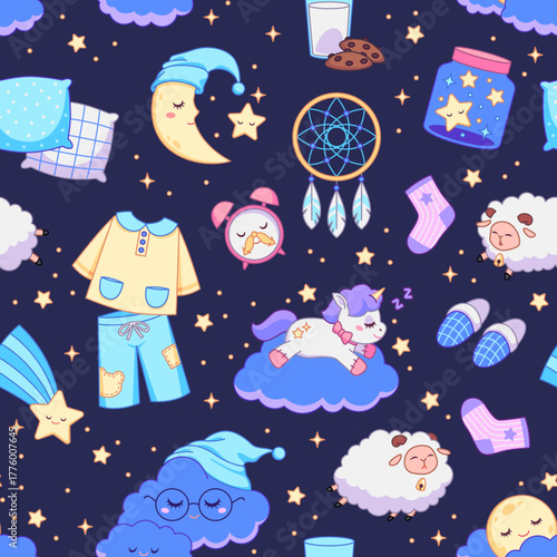 Bedtime elements seamless pattern. Sweet dream objects, repeated sleeping items, pajamas, lamb, stars, good night textile, wrapping paper, wallpaper. Print for fabric tidy vector background