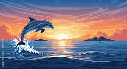 A pixel art dolphin leaps out of the ocean at sunset with islands in the background.