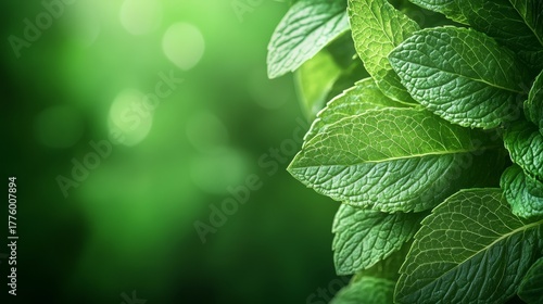 52.A crisp and vibrant close-up shot of fresh mint leaves, their veins and texture clearly visible, set against a soft, blurred green background, capturing the natural freshness and rich green tones
