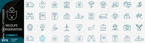 Wildlife conservation icon set. Editable vector illustration of 48 line-style symbols for animal protection, nature, and eco awareness. EPS environmental concept pack