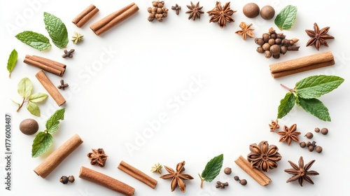 95.A vibrant, detailed shot of various spices and herbs, such as cardamom, cloves, cinnamon sticks, and fresh mint, arranged in a perfect circle around a central white space, ideal for showcasing the