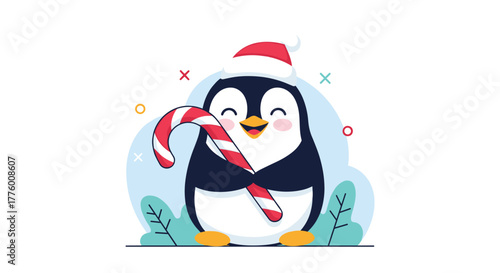 A cute cartoon penguin wearing a Santa hat holds a candy cane and smiles happily.