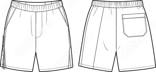 CAD drawing flat vector illustration of men's casual shorts with elastic waistband, front pockets, back pocket, stitching detail, front and back view, summer wear