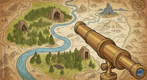 Vintage telescope viewing an ancient treasure map with winding rivers and caves.