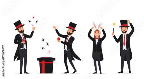 Four magicians in tuxedo outfits and top hats perform card tricks and illusions with props.
