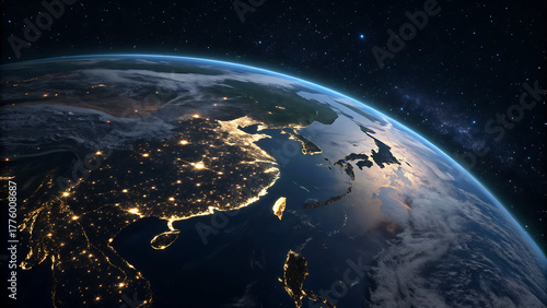 Earth from space at night showing city lights and continents