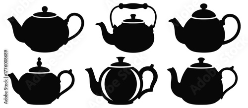 Teapot Silhouette Icon Set, Vintage Kettle Icons, Classic Tea Pot Shapes, Black Vector Graphics, Flat Design, Minimal Style, Outline Illustration, Kitchenware, Beverage, Coffee and Tea Vector Collecti