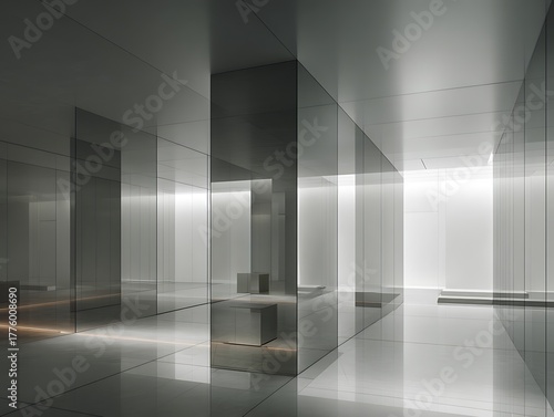 Minimalist space with translucent panels gray tones and embedded AI systems