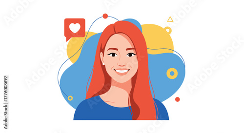 Young woman with long red hair smiles in a vibrant, abstract background with social media icons.
