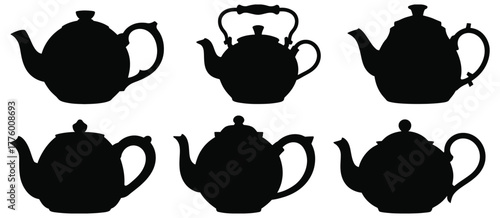 Teapot Silhouette Icon Set, Vintage Kettle Icons, Classic Tea Pot Shapes, Black Vector Graphics, Flat Design, Minimal Style, Outline Illustration, Kitchenware, Beverage, Coffee and Tea Vector Collecti