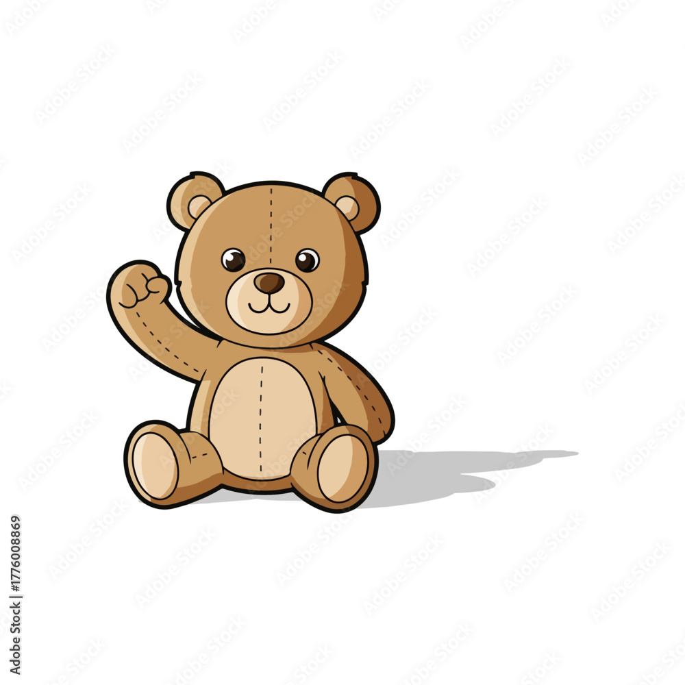 Obraz premium Adorable cartoon teddy bear sitting and waving, a friendly brown plush toy animal illustration for kids
