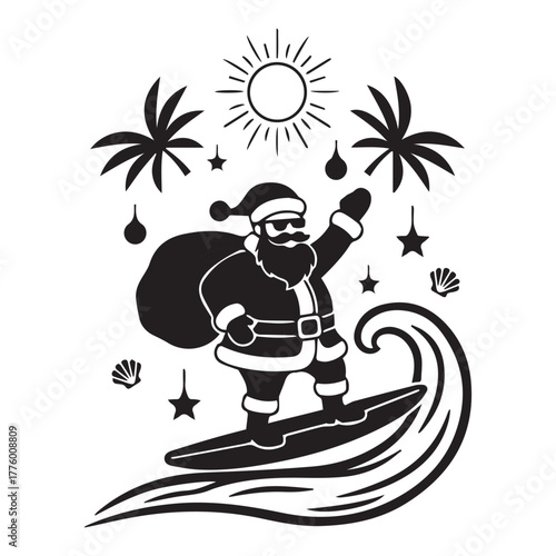 Santa claus surfing on a wave with palm trees and sun in tropical christmas illustration