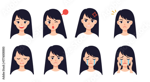 Collection of cartoon illustrations showing a young woman's diverse emotional expressions.