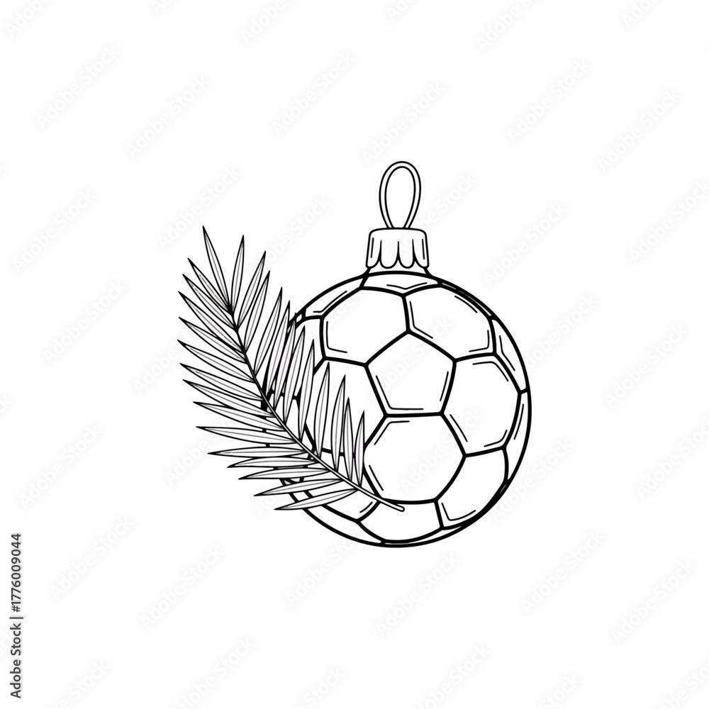 Obraz premium Black and white line art Christmas ornament, soccer ball festive holiday decoration, plant leaf design