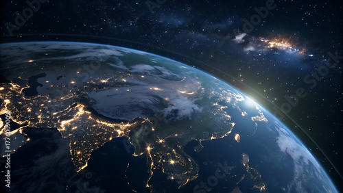 Earth at night with city lights and distant galaxy