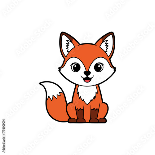 Adorable cartoon fox sitting, cheerful expression, charming woodland animal vector illustration.