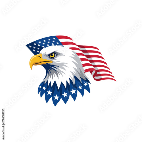 Bald eagle head with American flag design, majestic bird symbolizing freedom and USA patriotism
