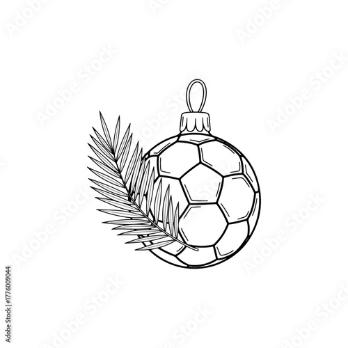 Black and white line art Christmas ornament, soccer ball festive holiday decoration, plant leaf design