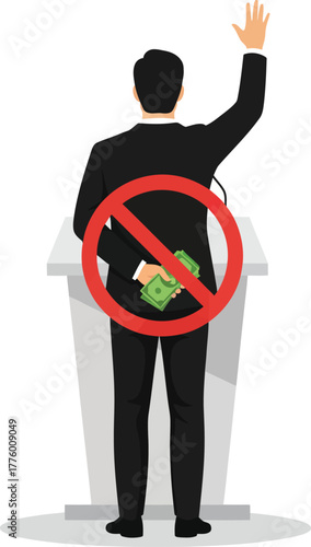 Illustration of a politician with money behind his back and a prohibition sign.