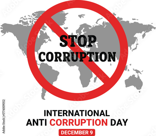 International Anti-Corruption Day image with a world map and a red circle with a line through it.