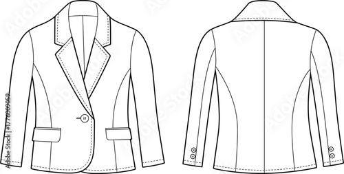 CAD drawing flat vector illustration of women blazer jacket with lapel collar, front and back view, fashion garment, apparel template, outline sketch