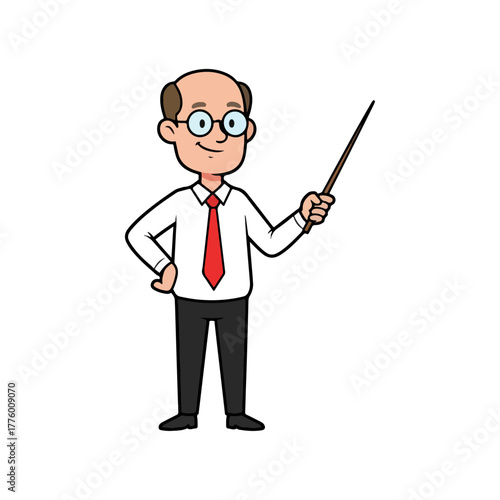 Cartoon illustration of an older male teacher professor, holding a pointer stick, explaining a lesson, character art.