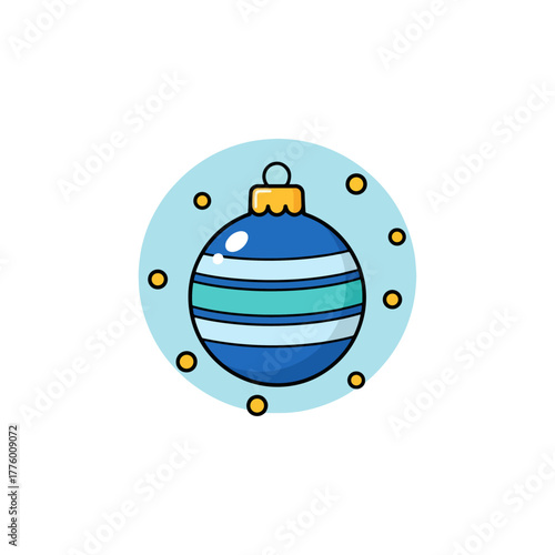 Cartoon blue striped Christmas ornament bauble illustration, winter holiday season decoration design.