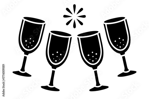 Clinking glasses toast, festive celebration, silhouette  vector illustration, isolated on white background