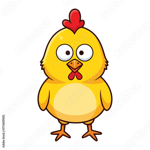 Adorable cartoon baby chicken, a cute yellow chick with a red comb, standing upright