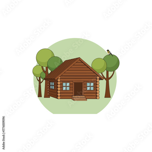 Charming rustic log cabin illustration, surrounded by green trees, a small bird perched above, tranquil nature scene.