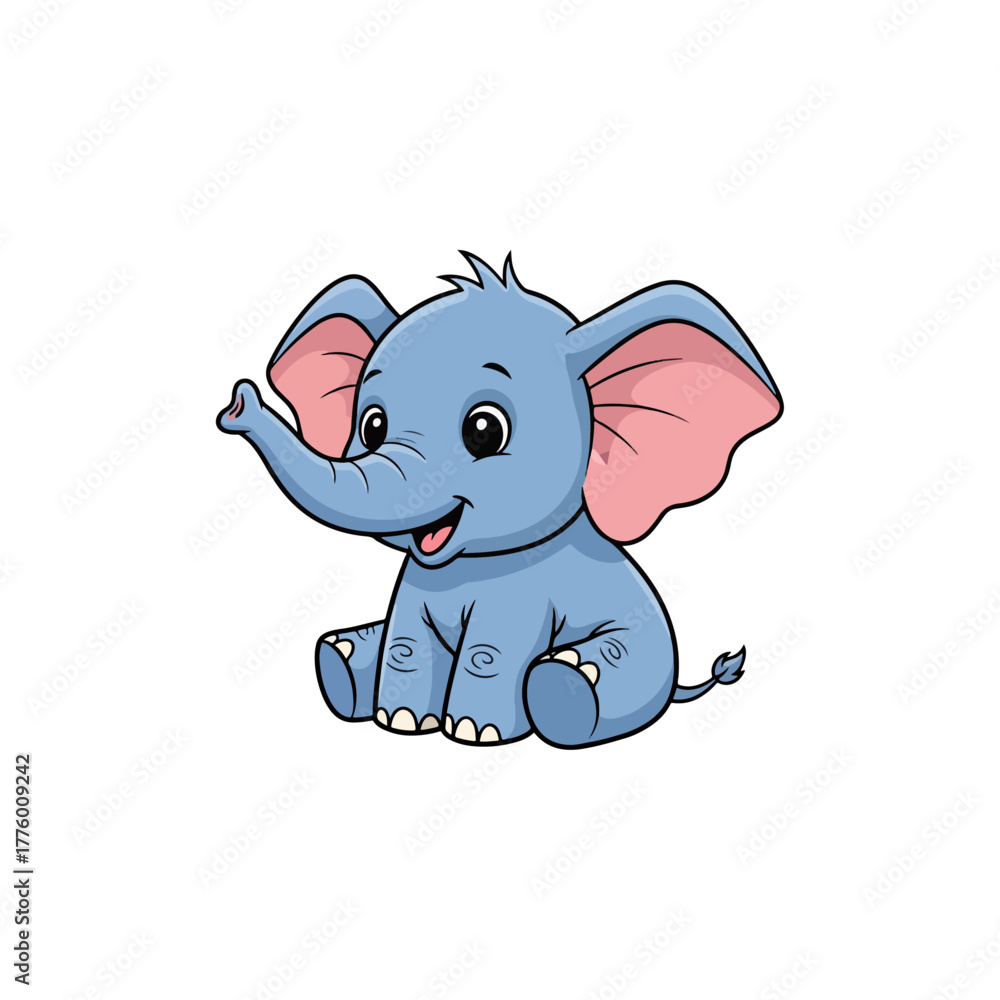 Obraz premium Cute baby elephant cartoon illustration, adorable blue calf sitting with happy expression, vector art.