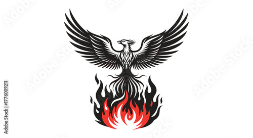 A black and white phoenix rising from red and black flames with its wings spread wide.