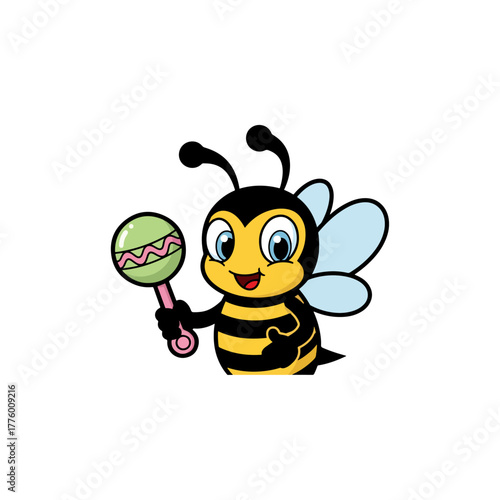 Cute cartoon bee character, happy and friendly, holding a green and pink baby rattle illustration