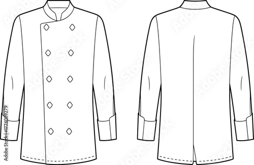 Cad drawing flat vector illustration, chef coat technical sketch, kitchen workwear template, double breasted jacket outline, culinary uniform design