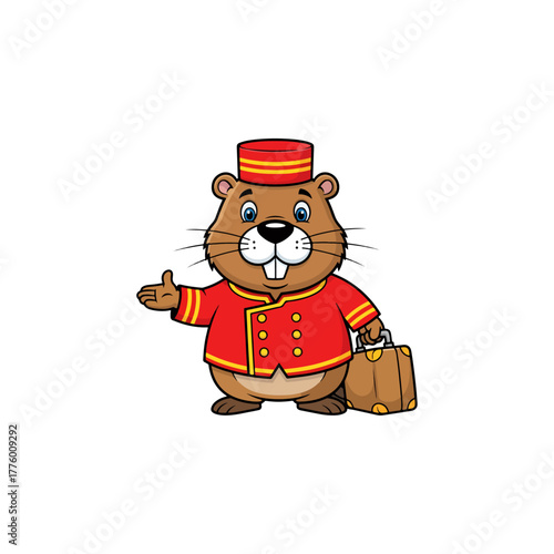 Cute friendly cartoon beaver bellhop character, wearing hotel uniform, holding suitcase, welcoming gesture