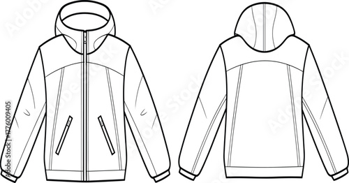 Cad drawing flat vector illustration, jacket technical sketch, outerwear fashion design, hoodie template, clothing pattern outline, winter jacket design