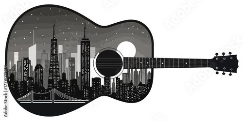 Acoustic guitar silhouette filled with a cityscape at night under a bright moon and stars filled sky | editable eps vectors