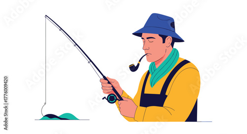 Fisherman wearing a hat and overalls, smoking a pipe while fishing with a rod and reel.