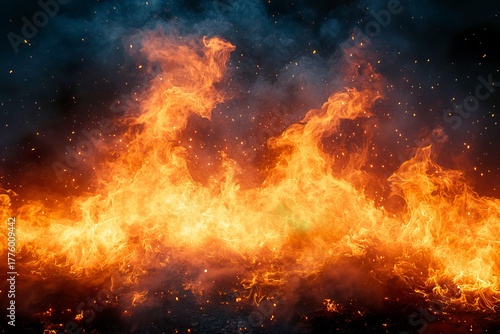 Wallpaper Mural Bright orange flames and dark smoke background with glowing fire sparks and intense heat energy, generative ai Torontodigital.ca