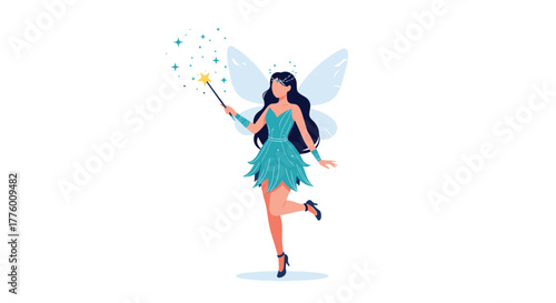 A whimsical fairy with delicate wings and a star wand sprinkles magical dust, embodying fantasy and enchantment.